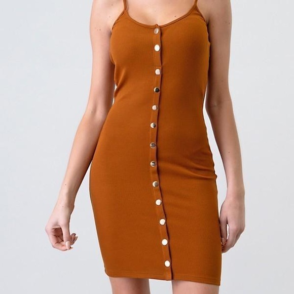 Tan Spaghetti Strap Button Dress - Picture 2 of 3